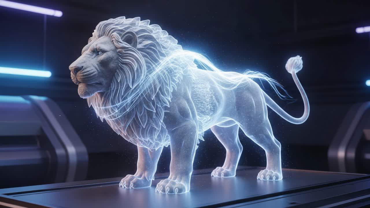 A Stunning, Ethereal Representation of a Lion Captured in Two Frames, Showcasing Its Majestic Form and Intricate Details in a Futuristic Setting