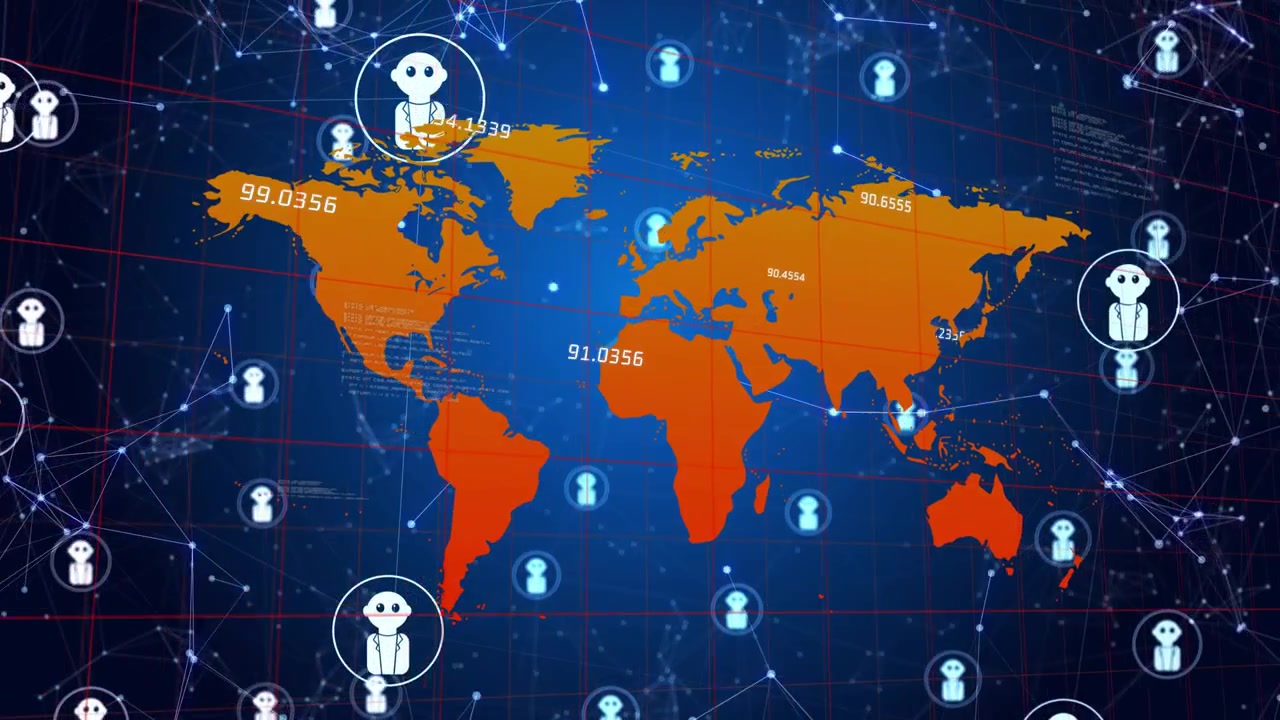 World map receiving metrics, selection rings expanding and avatar nodes showing global activity