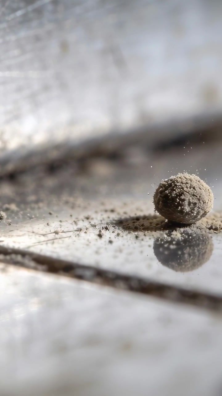 Vertical video: Moving after nudge, dust ball rolling along grout by metal, losing dust, copy space