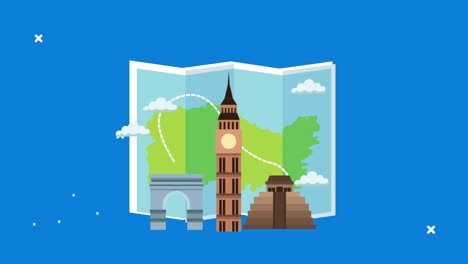 world tourism animation with paper map and monuments