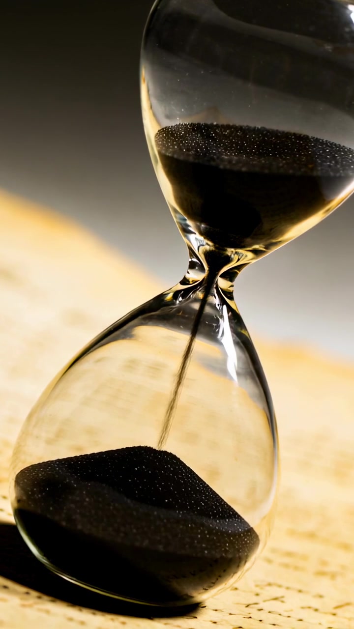 Vertical video: Pouring glass hourglass letting fine black sand by gravity on beige surface timing
