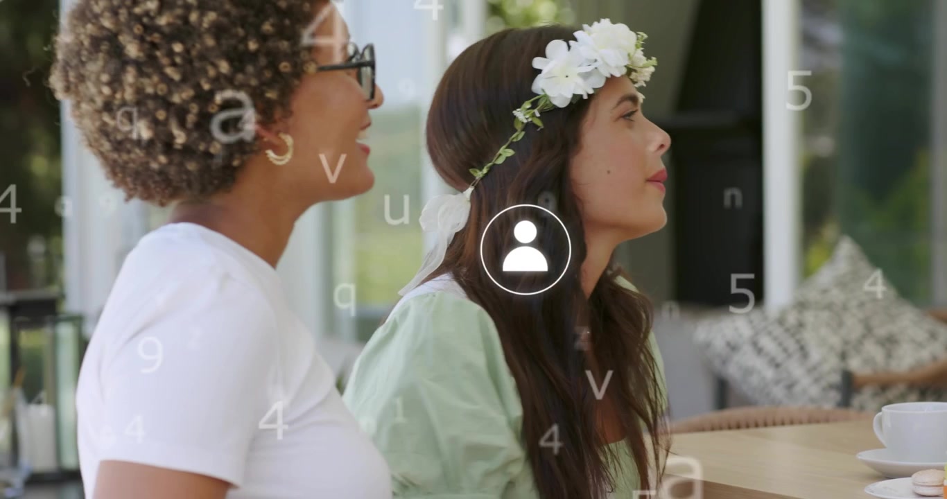 Two women shifting gaze toward floating app icons tapping swiping pinching for marketing data view