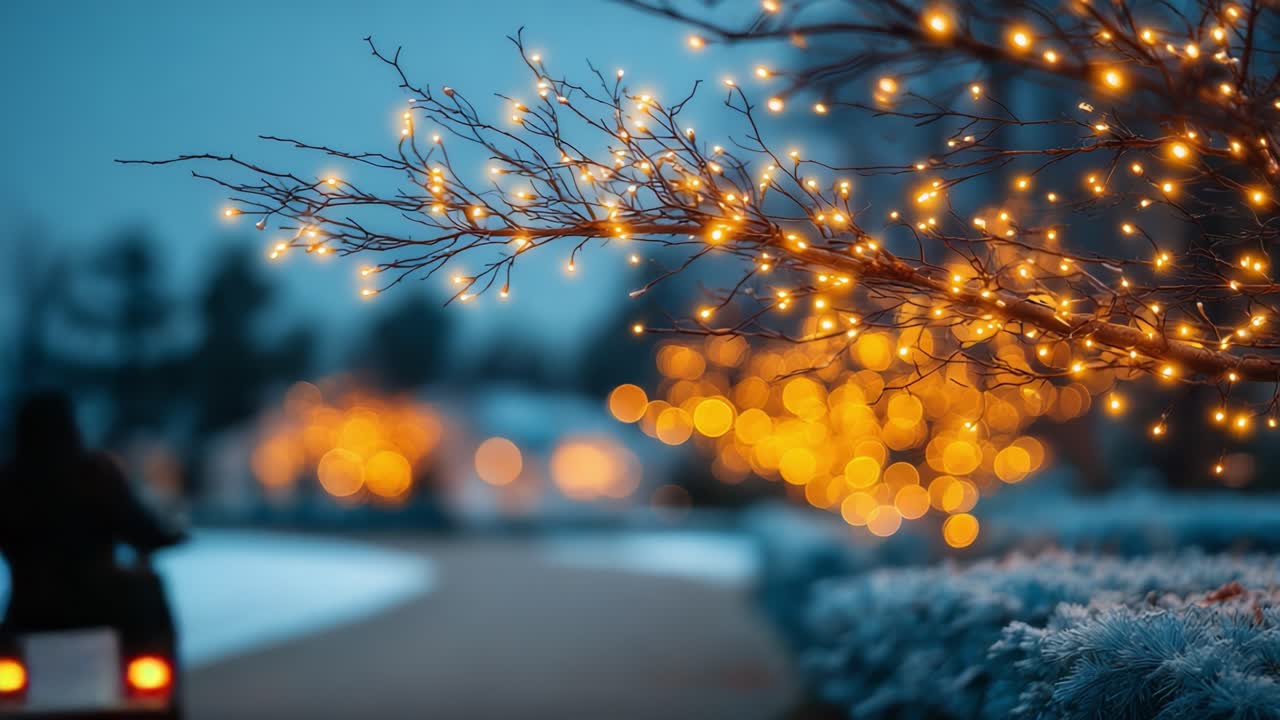 A Serene Evening Glow: Twinkling Holiday Lights Adorning Trees along a Winter Pathway, Creating a Magical Ambiance in a Snowy Landscape