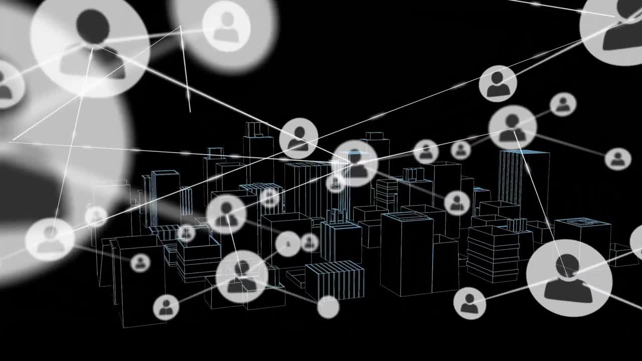 animación de la red de conexiones con iconos sobre el dibujo de la ciudad en 3d sobre fondo negro