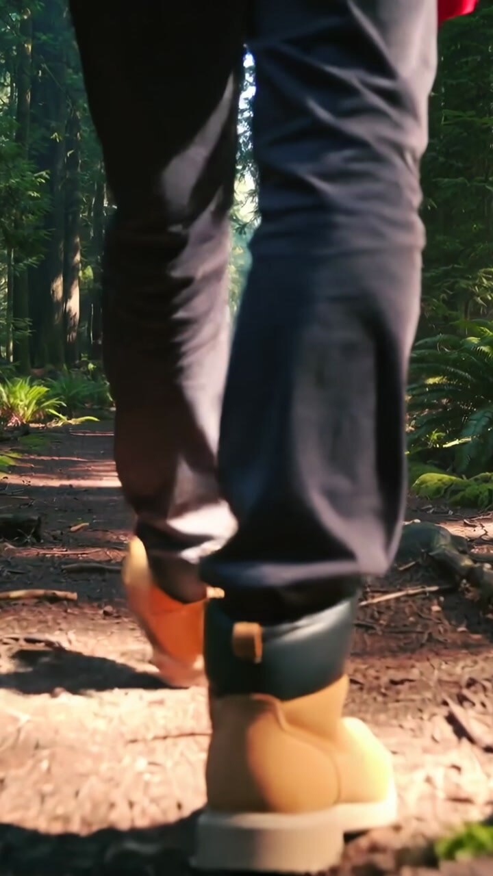 Vertical video: Walking hiker heading toward sunlit clearing on forest path, tan boots, dark pants