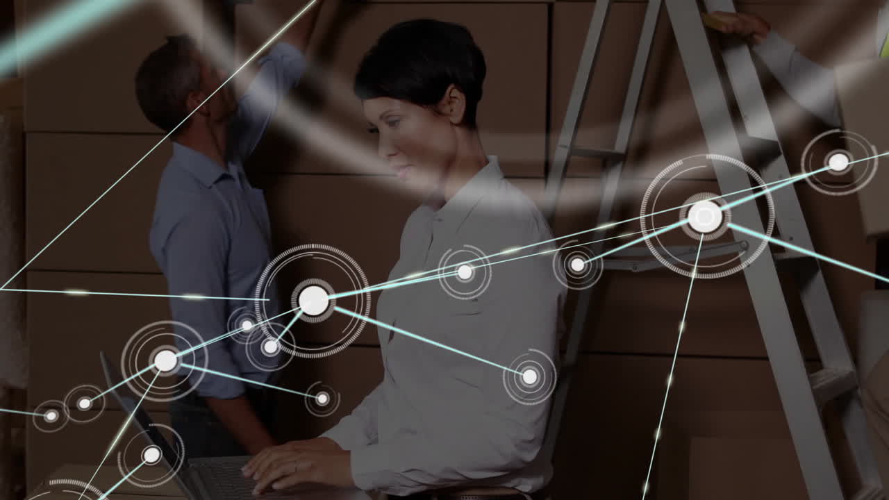 Network connections animation over people working with boxes and ladder