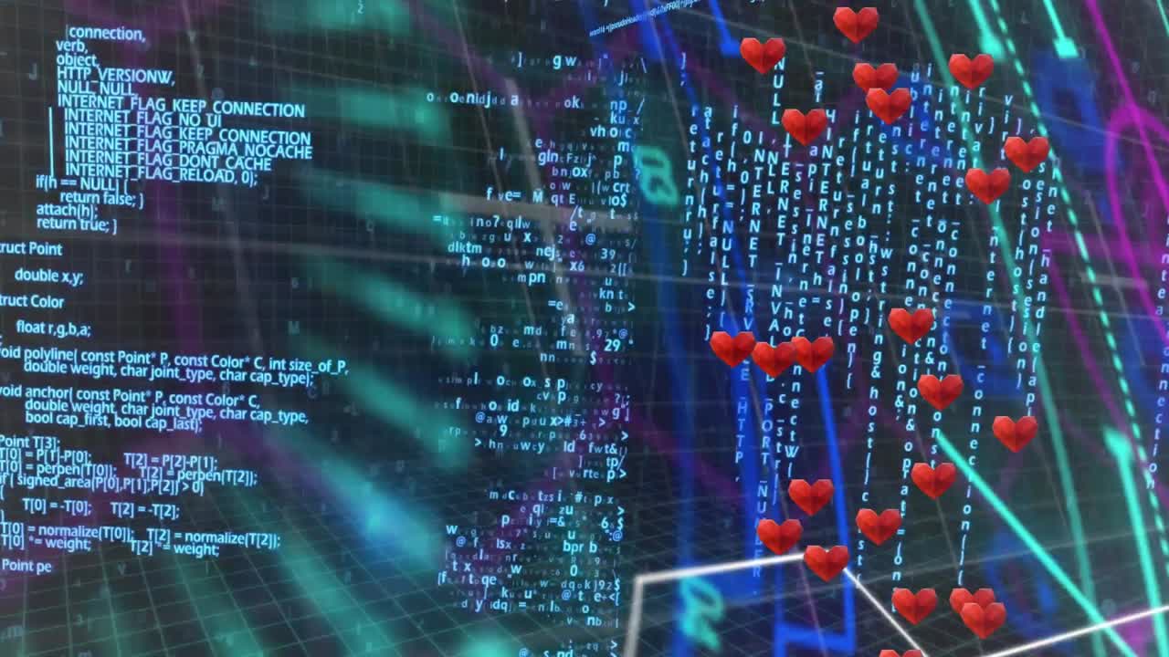 Animation of hearts floating over data processing on black background