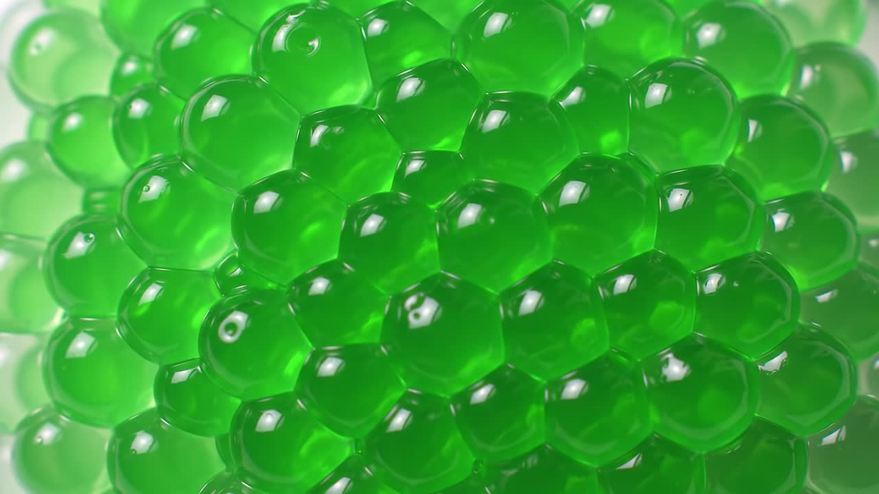 Vibrant Green Spheres: A Close-Up Exploration of Glossy, Gelatinous Orbs that Create an Intriguing Texture and Reflect Light in Various Angles