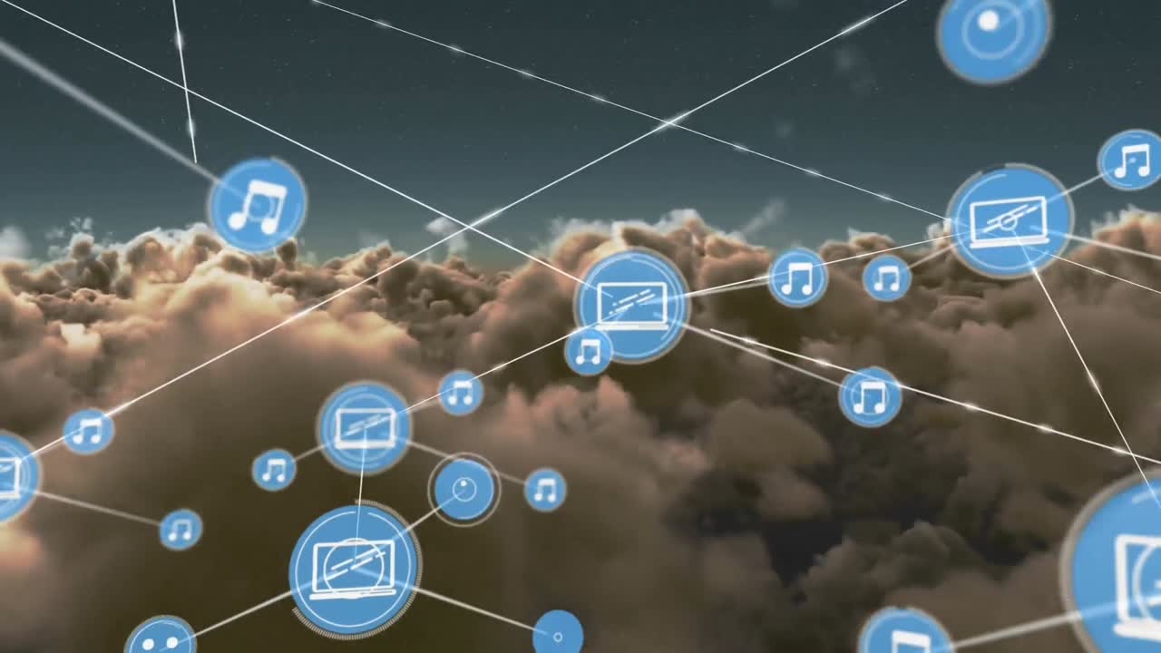 animación de la red de conexiones con iconos sobre el cielo con nubes