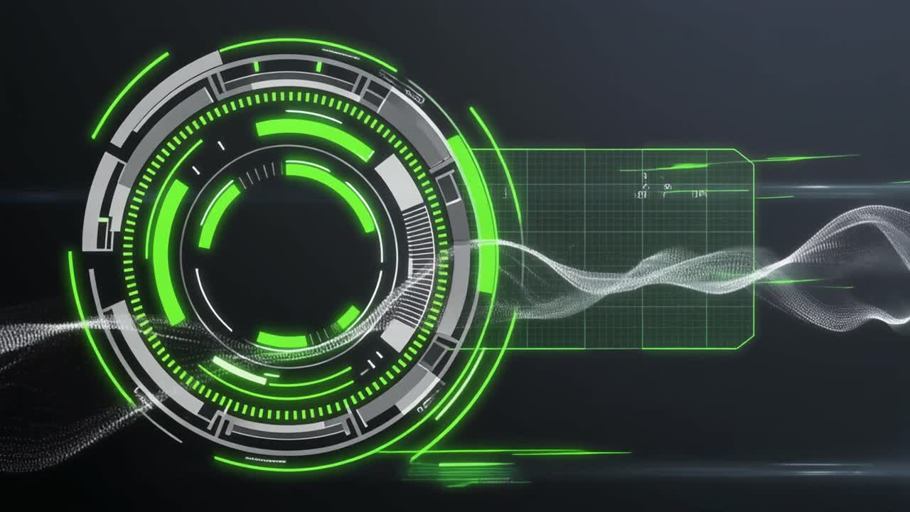 Animated Futuristic HUD Display with Green Data Waves
