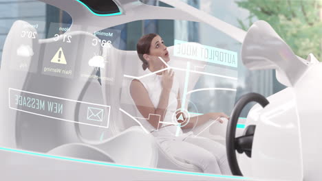 woman in car with white interiors in autopilot mode driving across city