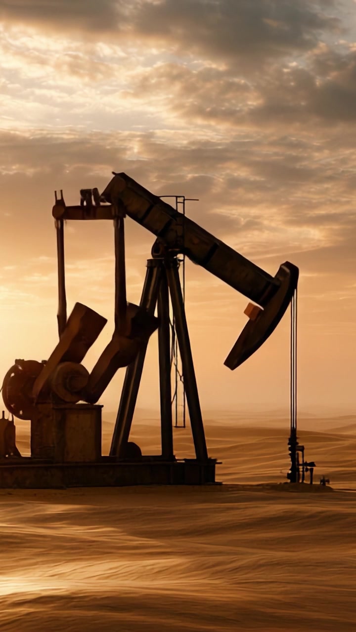 Sunset Over Desert Oil Pump: A Serene Scene Highlighting the Intricate Machinery of Oil Extraction Amidst Vast Sand Dunes and Cloudy Skies