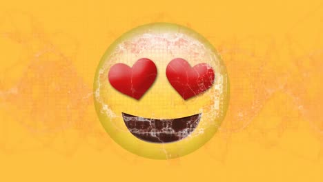 Digitale-Animation-Einer-Roten-Digitalen-Welle-über-Herz-Augen-Gesichts-Emoji-Auf-Gelbem-Hintergrund
