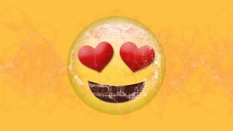 digital animation of red digital wave over heart eyes face emoji on yellow background