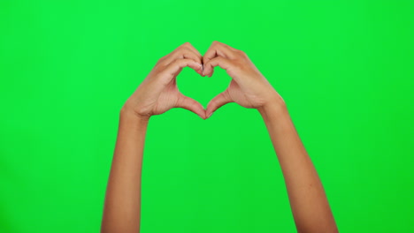 el amor, el corazón y el signo de la mano en la pantalla verde