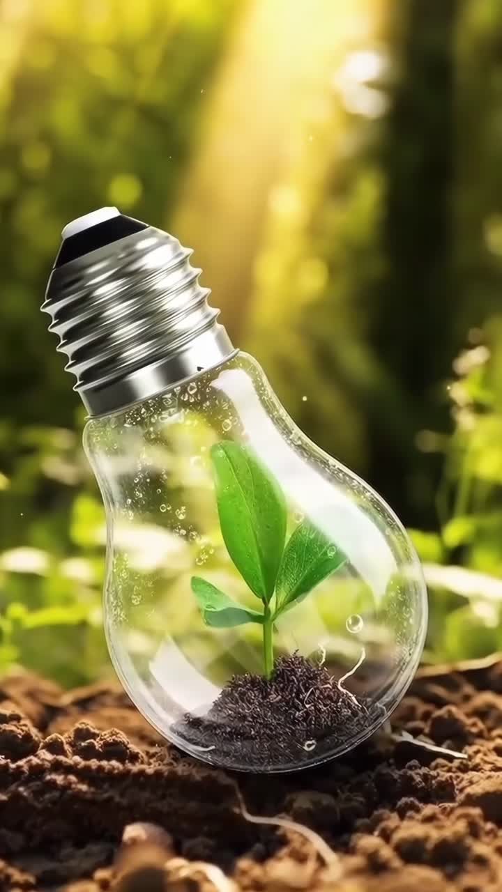 Video ravvicinato di una lampadina con una pianta all'interno, a simboleggiare la crescita e l'innovazione, Live mobile