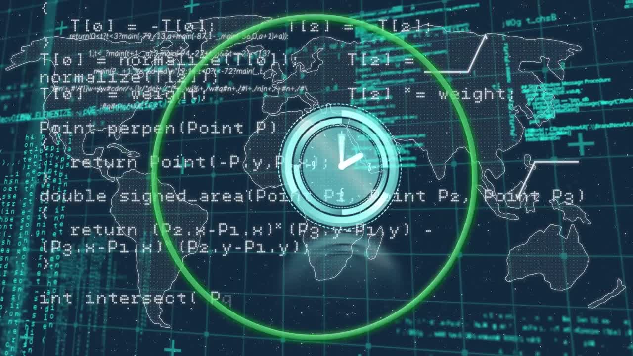 animación del procesamiento de datos y el reloj sobre el mapa del mundo
