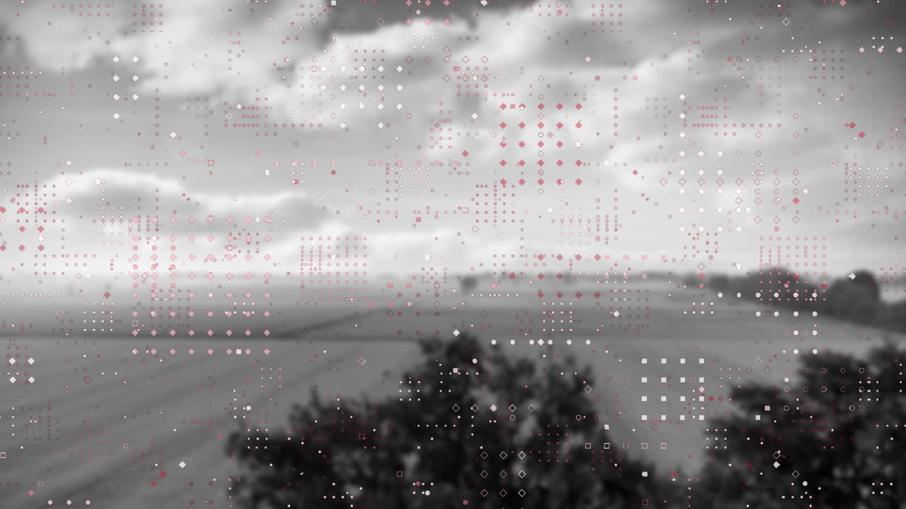 검은색과  ⁇ 색의 시골과 구름진 하늘 배경에서 움직이는 점 네트워크의 애니메이션