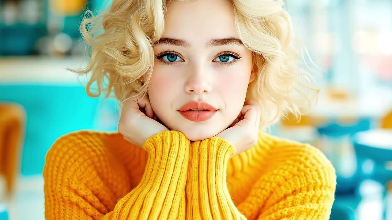 사진 을 찍기 위해 포즈 를 취하는 노란색 스웨터 를 입은 여자