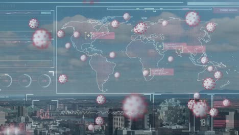 Animación-De-Células-Macro-Covid-19-Flotando-Con-Un-Mapa-Mundial-Sobre-El-Paisaje-Urbano