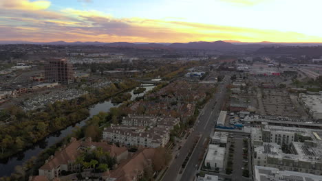 drone panning shot at sunrise in mission valley, san diego