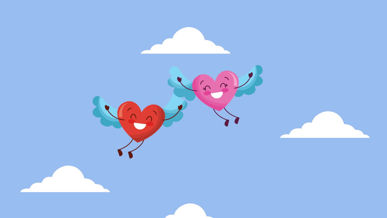 사랑의 커플 하트 캐릭터와 함께 발렌타인 카드