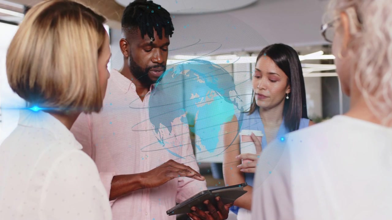 Presenter tapping tablet, colleagues watching as AR globe rotates and highlighting business metrics