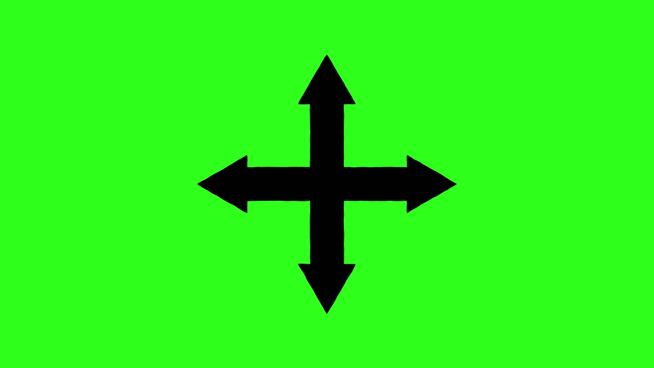 Black four-way arrows animate smoothly across a vivid green grid, emphasizing direction and movement