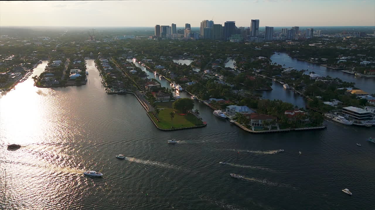 Fort Lauderdale With Beautiful View Of City Canal Boats At Sunset In Florida, United States. Aerial Drone Shot
