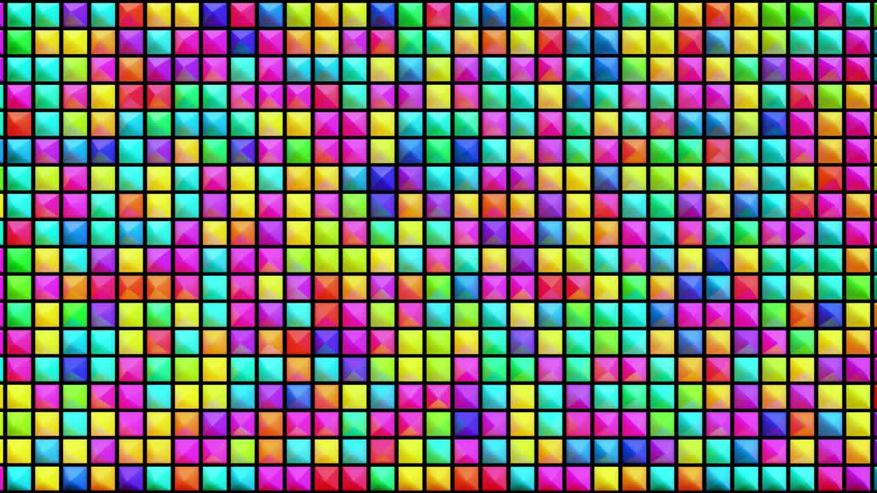 abstract festive background with multi-colored pyramids on a plane flashing neon light randomly. Loop beautiful bg in 4k. Smooth animation 3d rendering.