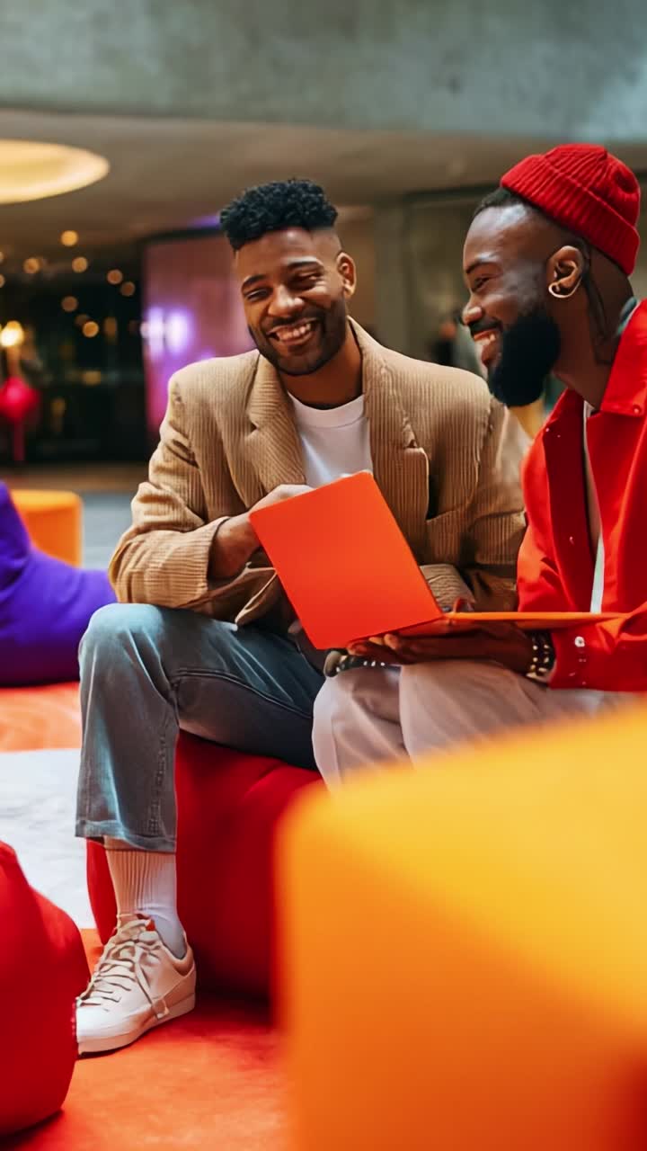 Two Friends Engaging in Friendly Conversation While Sharing Ideas in a Modern Indoor Space with Colorful Seating and a Relaxed Atmosphere