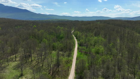 Aerial-shot-of-a-dirt-road-that-stretches-across-a-mountain-plateau-overgrown-with-grass-and-groves