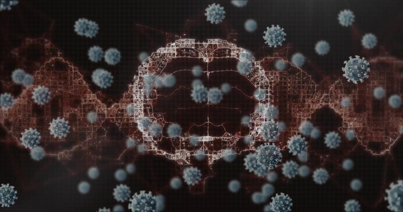 Animazione di cellule virali su un cervello e sfondo nero.