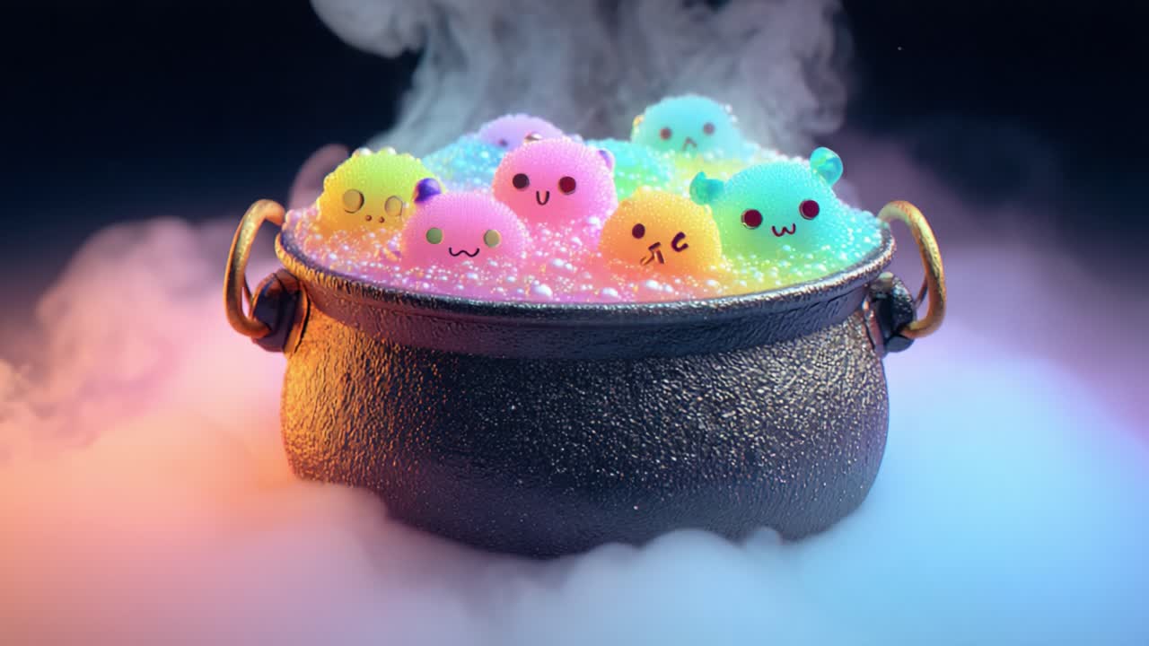 A Magical Cauldron of Colorful Creatures: Vibrant, Playful Characters Floating in a Bubbling, Mystical Liquid Surrounded by Enchanting Mist and Sparkling Bubbles