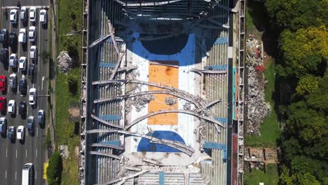 Drone-Top-View-of-Abandoned-and-Destroyed-Gymnasium