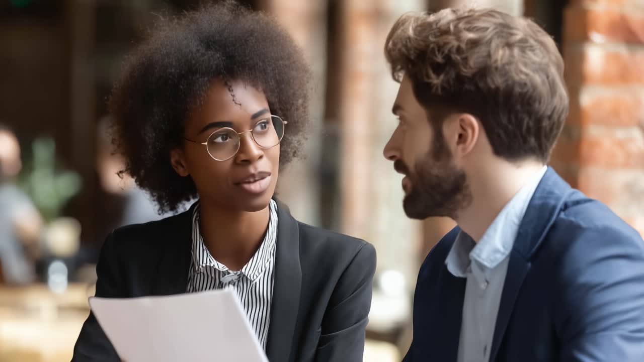 An Engaging Business Conversation: Two Professionals Discuss Ideas Over Coffee in a Modern Cafe Setting, Showcasing Collaboration and Communication Skills