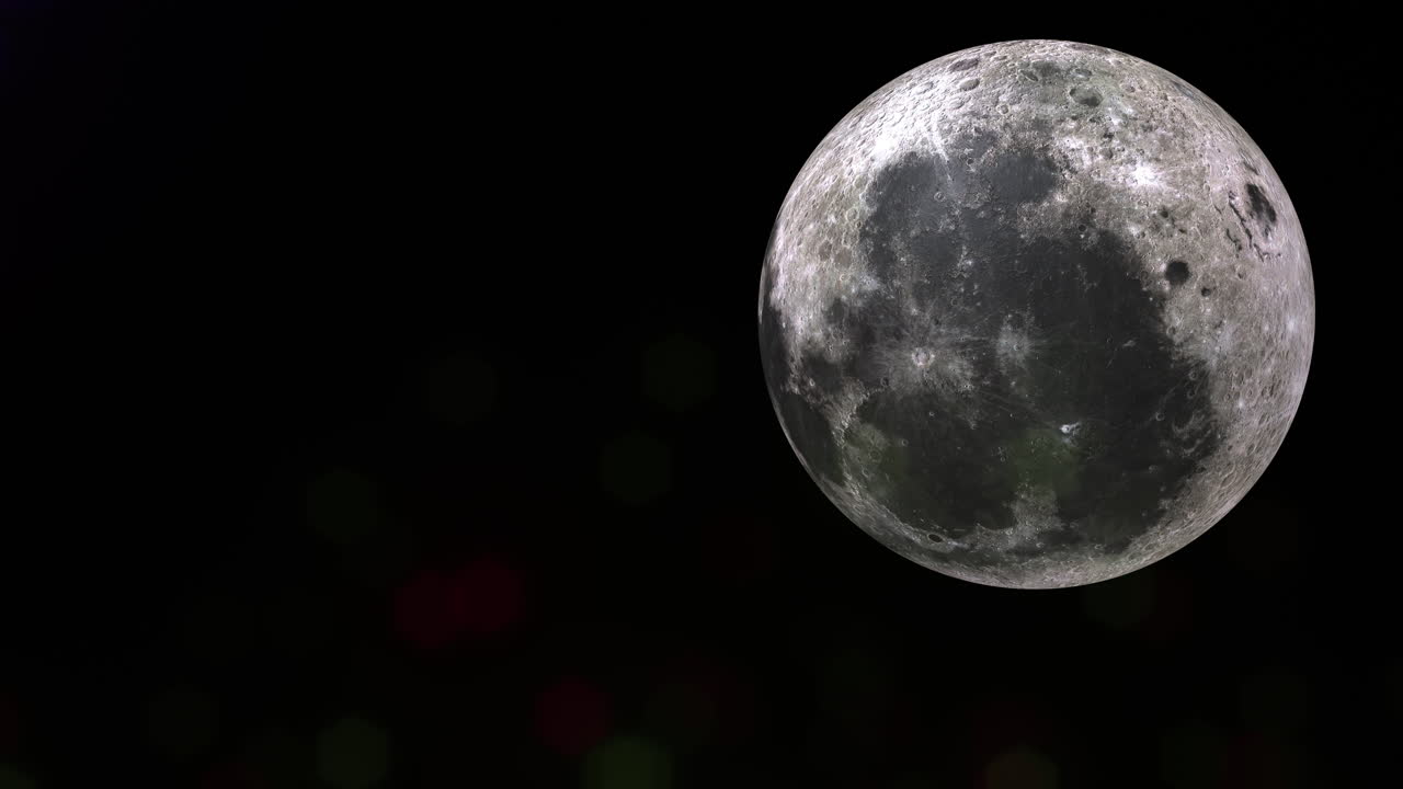 Full Moon Moving Across Screen with Out of Focus Bokeh Fireworks with Glow Exploding on Black Background. Event Festival Animation