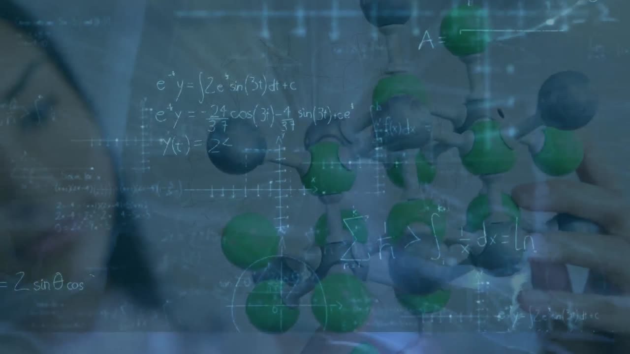 분자 모델을 가진 아시아 여성에 대한 수학 공식의 애니메이션