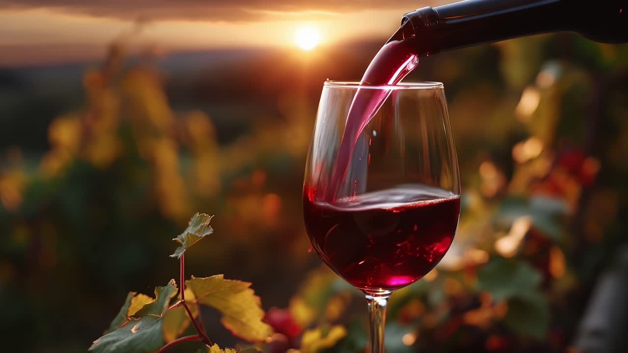 Sonnenuntergang schenkt Wein in ein Glas neben Weinreben. Goldenes Licht taucht die Szene in Wärme und Ruhe. Rotwein fließt üppig und fängt das verblassende Tageslicht ein. Trauben und Blätter umrahmen das Glas