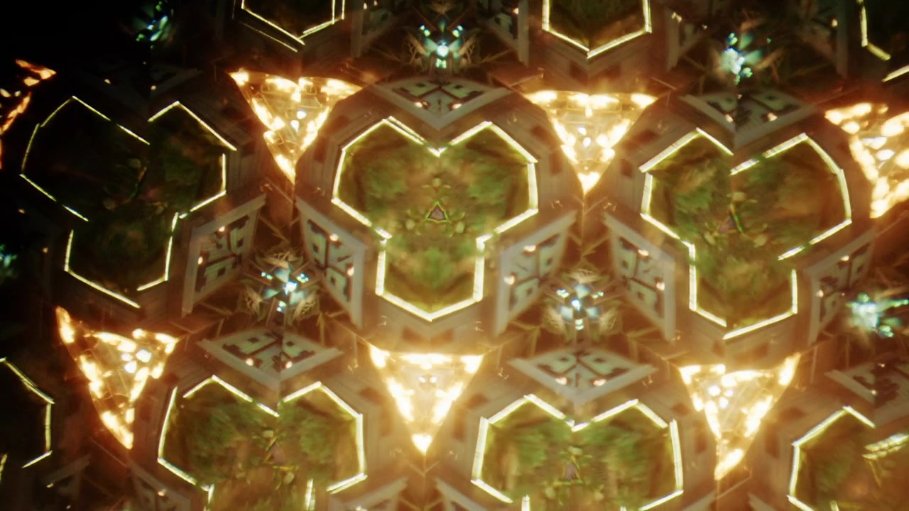Abstrakt kaleidoskopisk bilde dannet av speilvendte organiske teksturer som ligner skjell eller tørkede botaniske elementer, og skaper symmetriske geometriske mønstre.