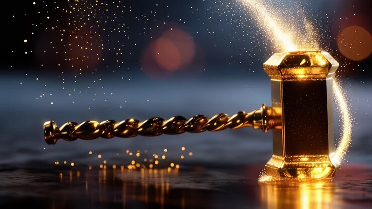 Golden gavel strikes wet surface, sparks fly. Sparkle trails curl upward, leaving glowing trail. Close-up shows gavel's polished head and twisted handle. No people shown. Ideal for legal, auction