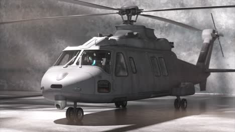 military helicopter in hangar