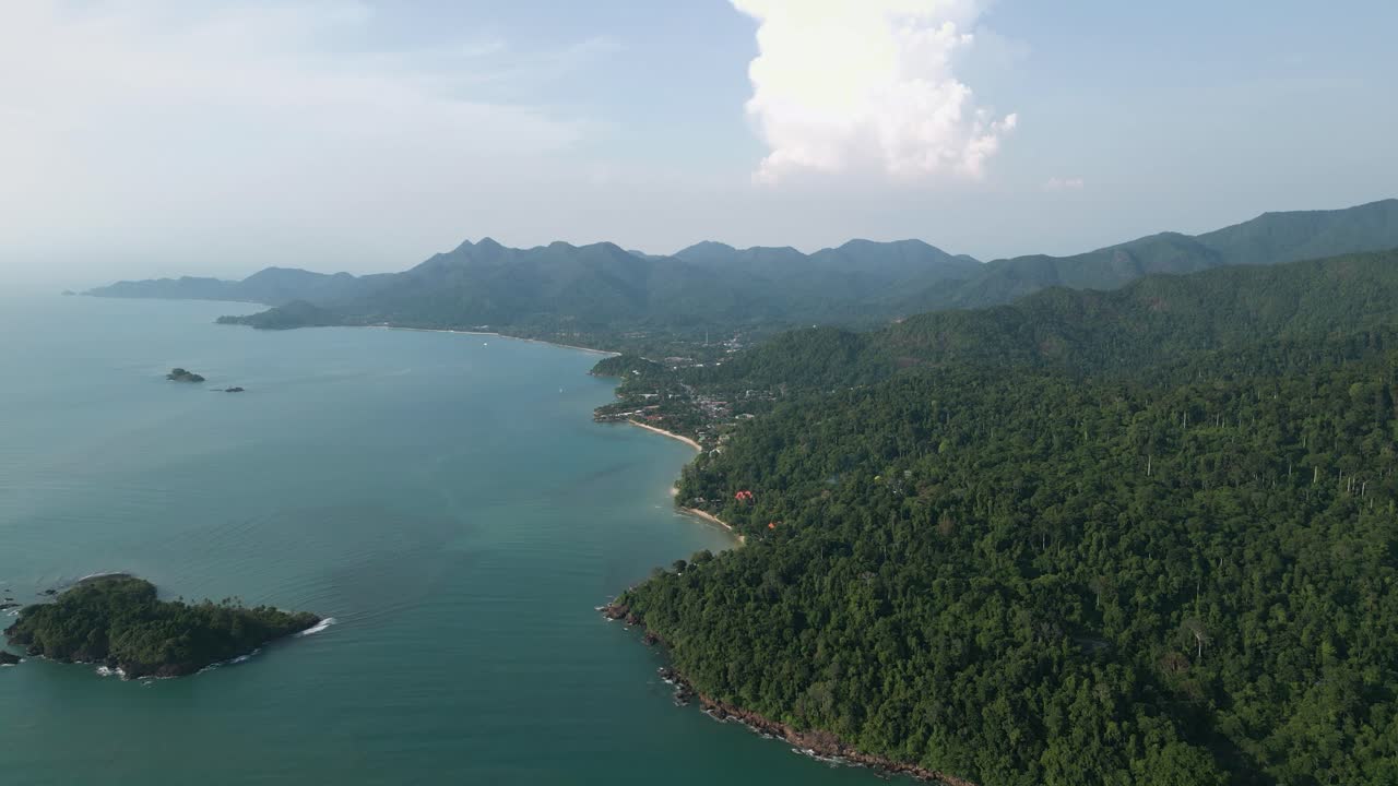 Aerial Scenic Nature Drone Footage of the Mountains and Beaches on the Tropical Island of Koh Chang in Thailand during Sunset