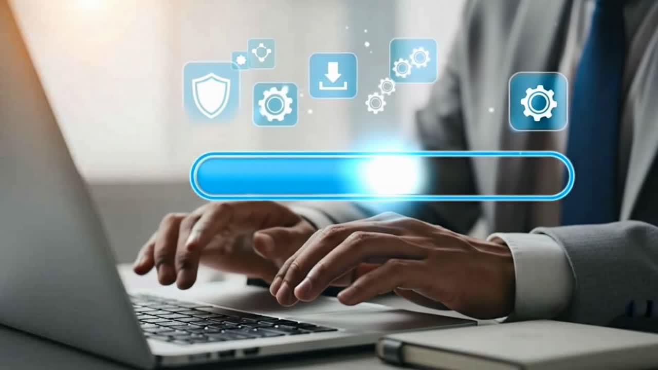 Software Update Process Shown on a Laptop with a Progress Bar, updating