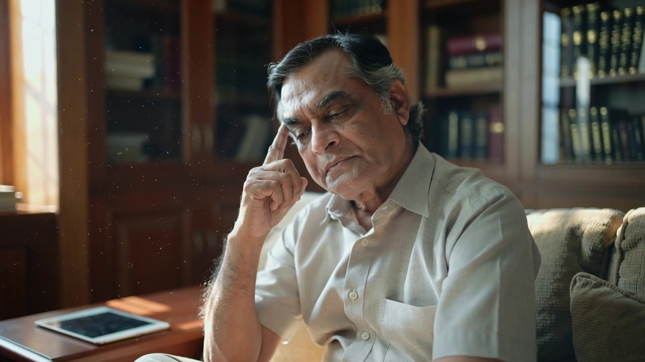 Glancing toward sunlight, senior man tapping temple and trying to recall in home study with tablet