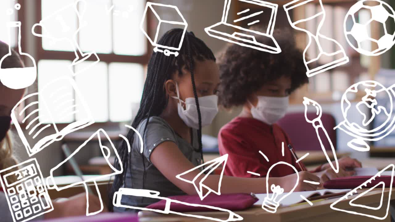 animación de elementos escolares iconos que se mueven sobre los escolares que llevan máscaras faciales