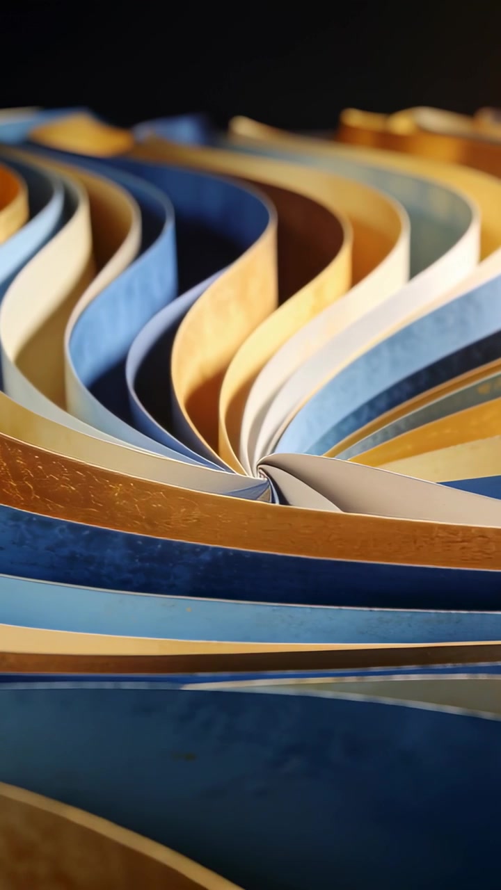 Vidéo verticale: La caméra recule, révélant une spirale en papier doré et bleu sur une table de studio pour en montrer le centre
