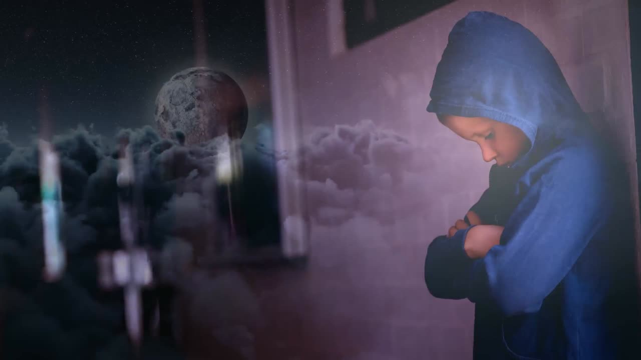 걱정 된 소년 이 팔 을  ⁇ 고 서 있는 디지털 애니메이션 4k