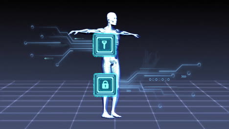 Animación-De-Iconos-De-Llave-Y-Candado-Sobre-Esqueleto-Y-Transferencia-De-Datos-Sobre-Fondo-Gris