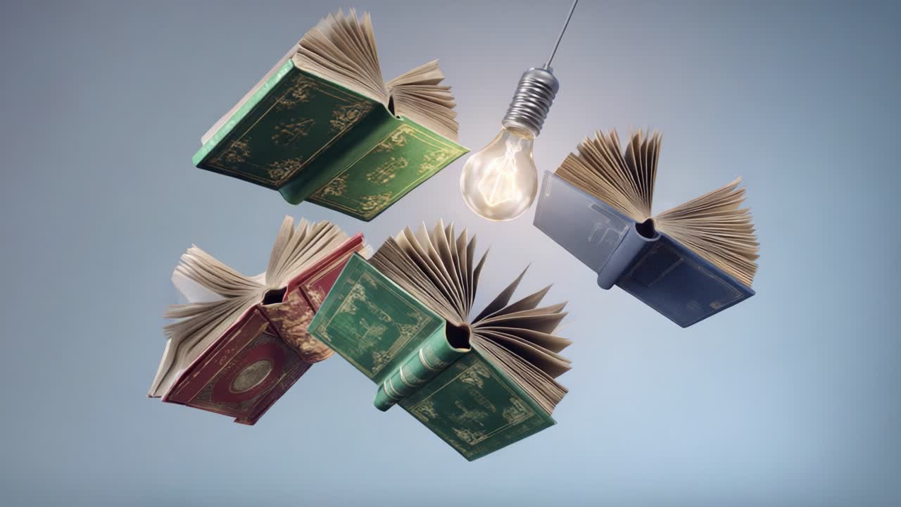 A Captivating Display of Floating Books Illuminated by a Lamp, Showcasing the Beauty of Literature and Creativity in a Unique, Surreal Composition